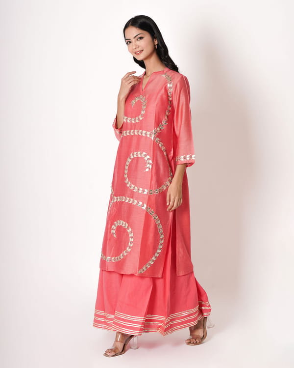 Pink Coral Gota Work Chanderi Kurta & Dress Set — Kameez