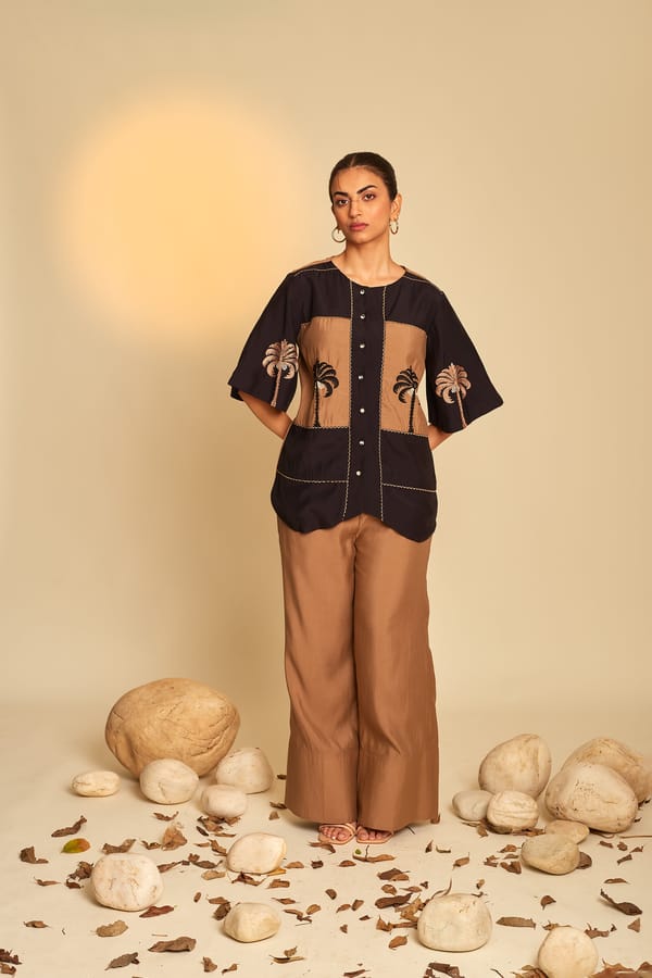 Black and Brown Embroidered Shirt and Pants Co-ord Set — An'era by Asmita Verma