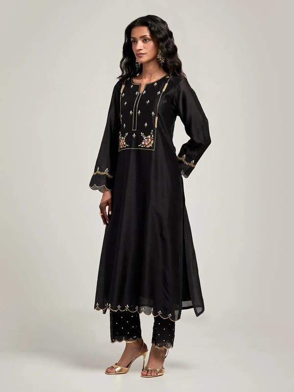 Black Embroidered Yoke Kurta and Pant Set — Anantaa