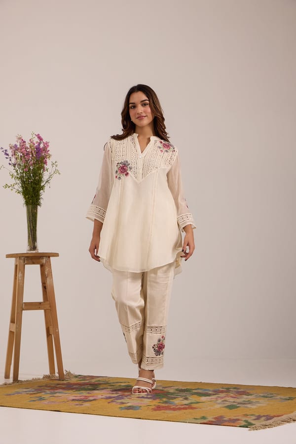 Off-White Mul Chanderi Shirt and Pants Co-ord Set — Omi Clothing