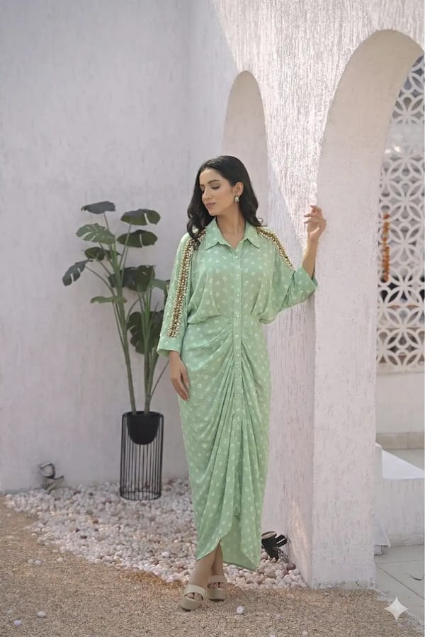 Lime Green Printed Satin Maxi Shirt Dress — RUCHIKA MALLIKA LABEL