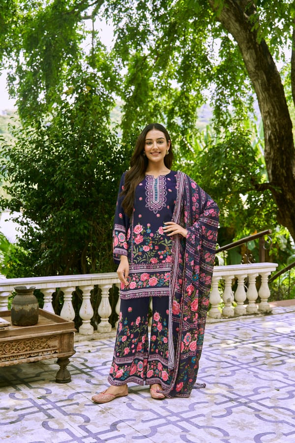 Blue Floral Printed Kurta Set with Palazzo and Dupatta — NARAYANI VASTRA