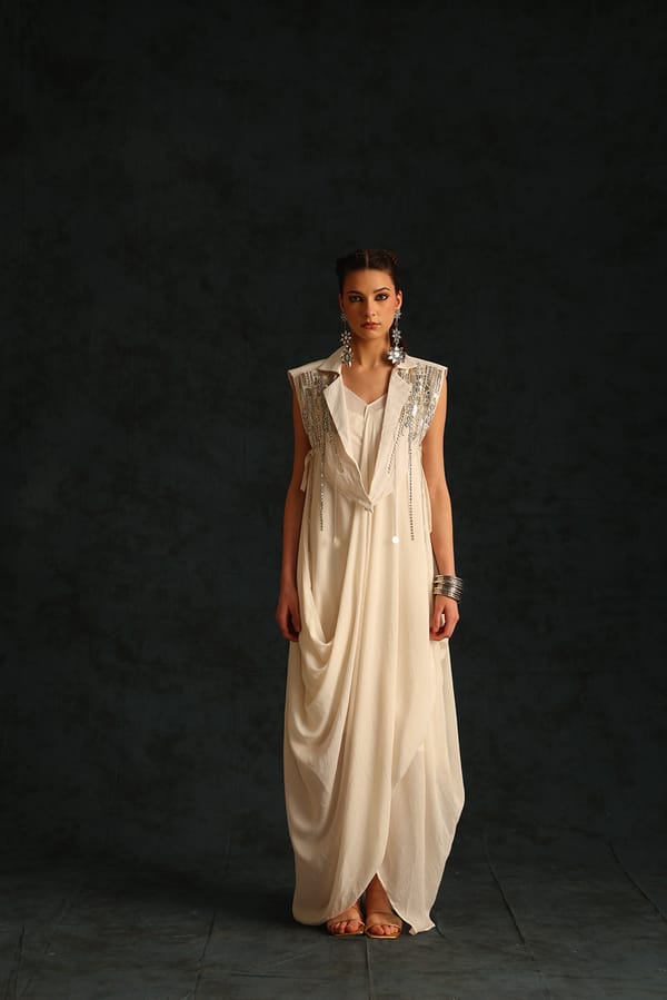 Off-White Maxi Cowl Dress with Cape Waistcoat — EnEch