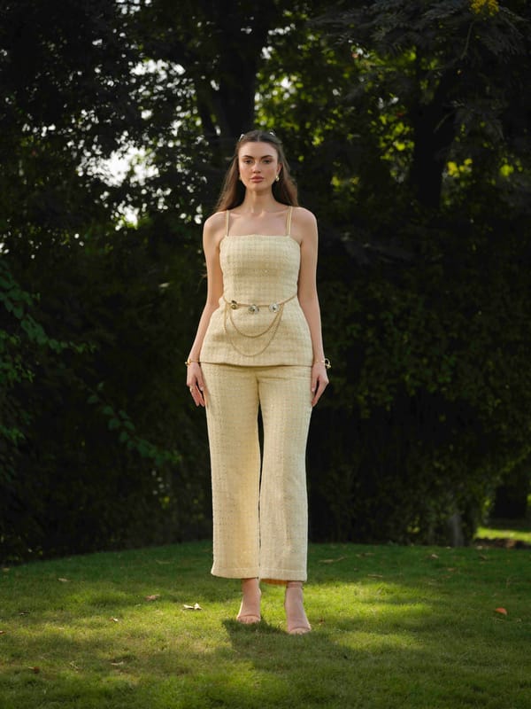 Yellow Tweed Corset Top and Straight Pants Co-ord Set — RIBELLE