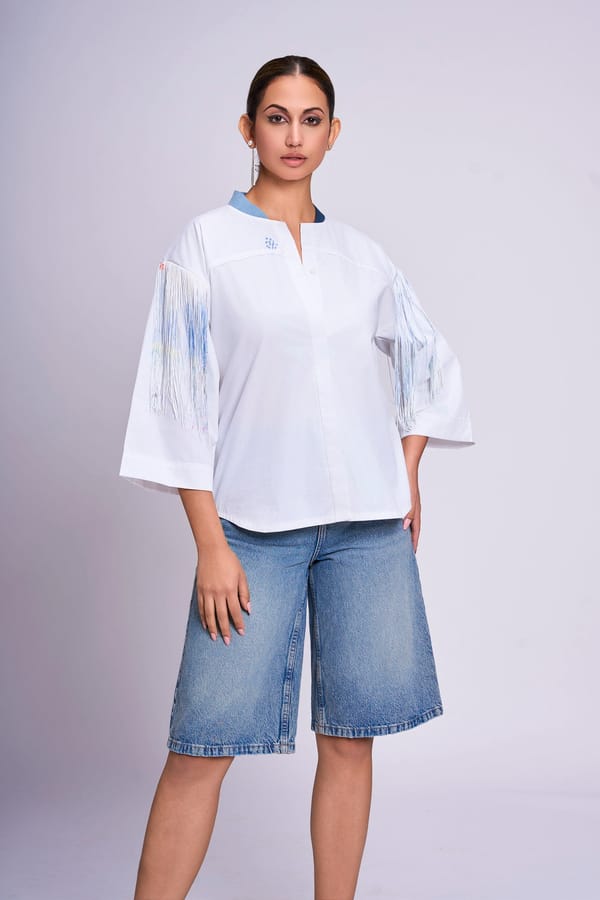 White Cotton Shirt with Painted Fringe Sleeves — KOR