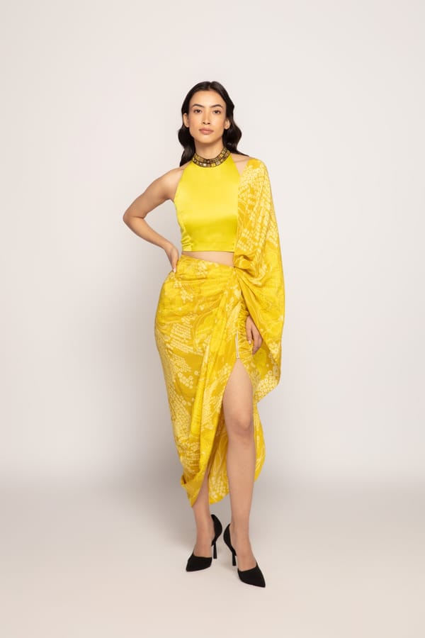 Yellow Silk Bandhani Print Pre-Draped Saree — Saaksha and Kinni
