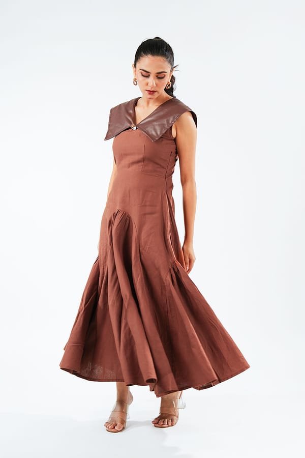 Brown Fit and Flare Midi Dress with Leather Collar — 9899