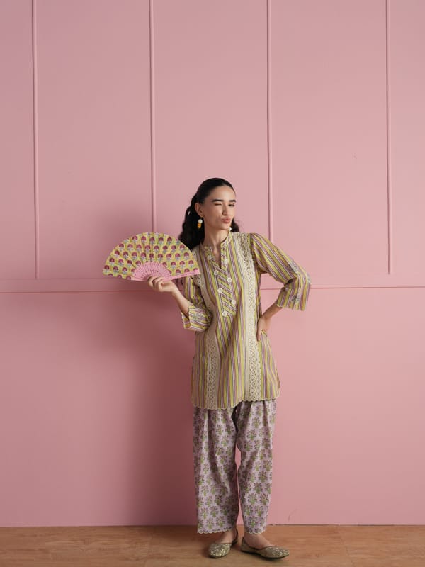 STRIPED KURTA WITH LAVENDER FLORA PRINT SALWAR AND DUPATTA — TASHA INDIA