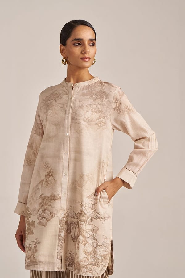 Macadamia and Tanin Printed Kurta and Striped Pant Co-ord — Ganga Fashions Pvt Ltd