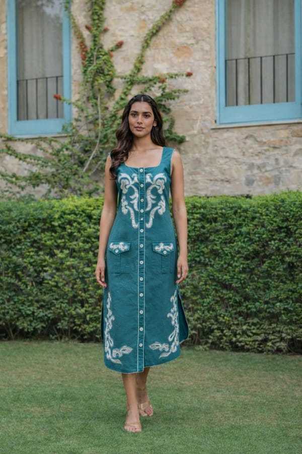 Teal Blue Applique Midi Shirt Dress with Button Front — Younglings