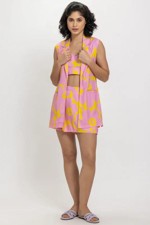 Pink Yellow Floral Bustier, Jacket and Mini Skort Co-ord Set — Designs by Queen Bee