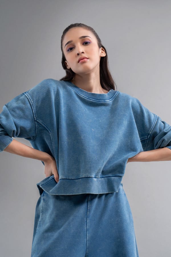 Blue Denim-Wash Ruched Back Cotton Terry Sweatshirt — Necesera