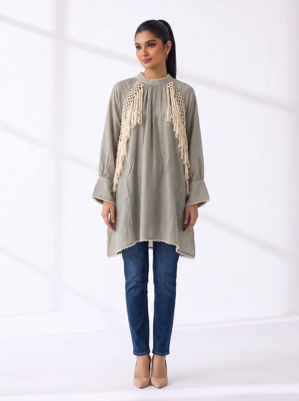 Grey A-Line Kurta with Crochet Fringe Side Panels — Basanti Kapde aur Koffee