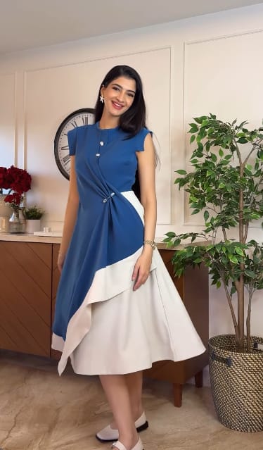 Prussian Blue and Ecru Colorblocked Midi Dress — NOTEBOOK