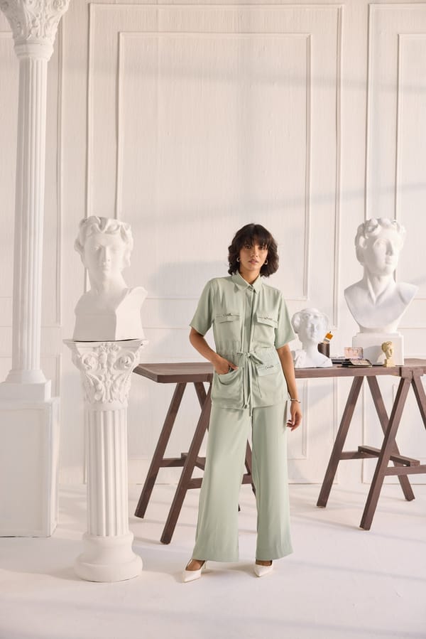Mint Crepe Utility Shirt and Wide-Leg Pants Co-ord Set — Shivya K