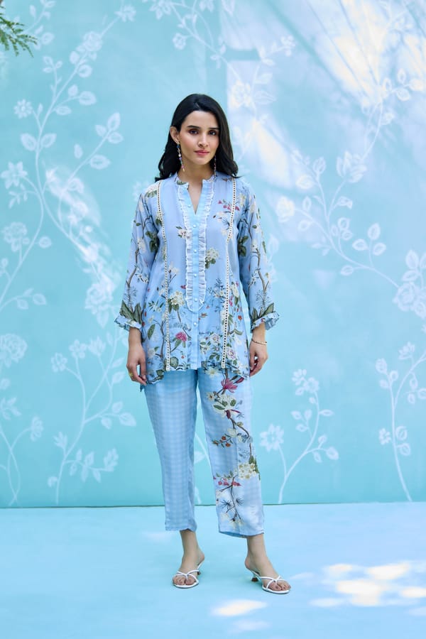 Sky Blue Floral Printed Co-ord Set with Button-Front Shirt — Chakkraa