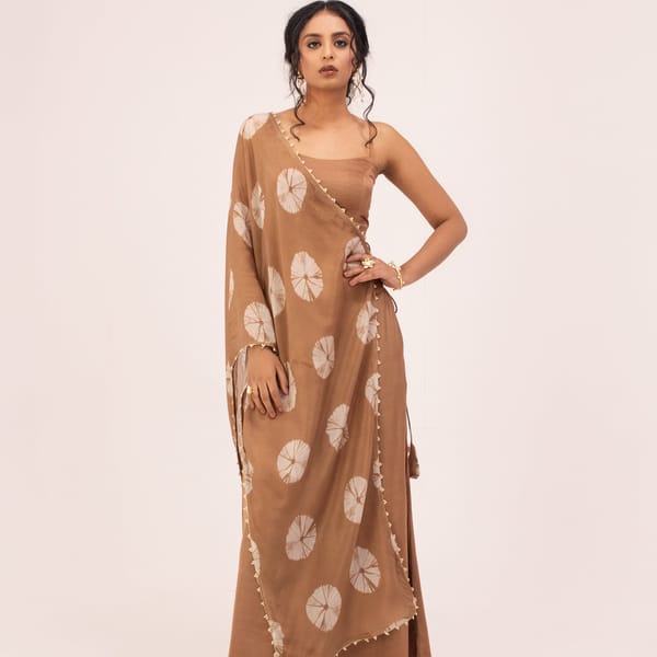 Sand Brown Satin 3-Piece Co-ord Set with Bandhani Shrug — DORABI