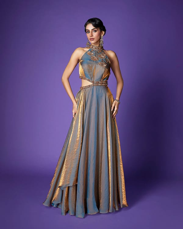Twilight Dusk Halter Neck Metallic Maxi Gown — QUNIC