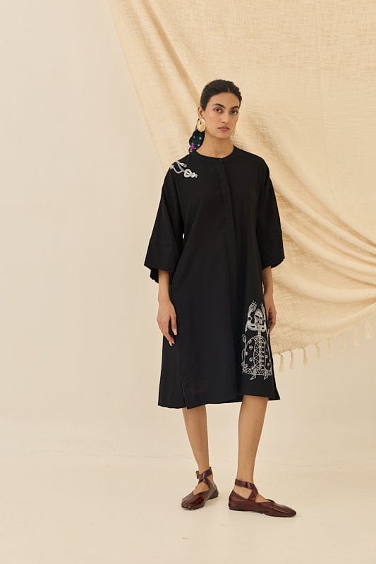 Black Kala Cotton Kurta Midi Dress with White Embroidery — JODI