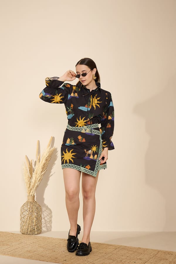 Black Printed Shirt and Wrap Mini Skirt Co-ord Set — GAIMA LABEL