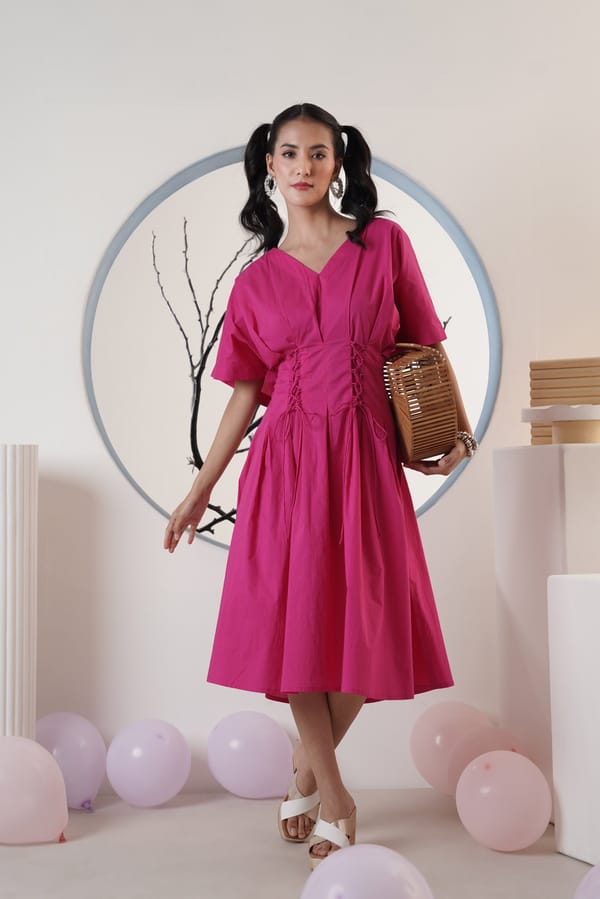 Hot Pink V-Neck Fit and Flare Midi Dress — SURABHI ARYA
