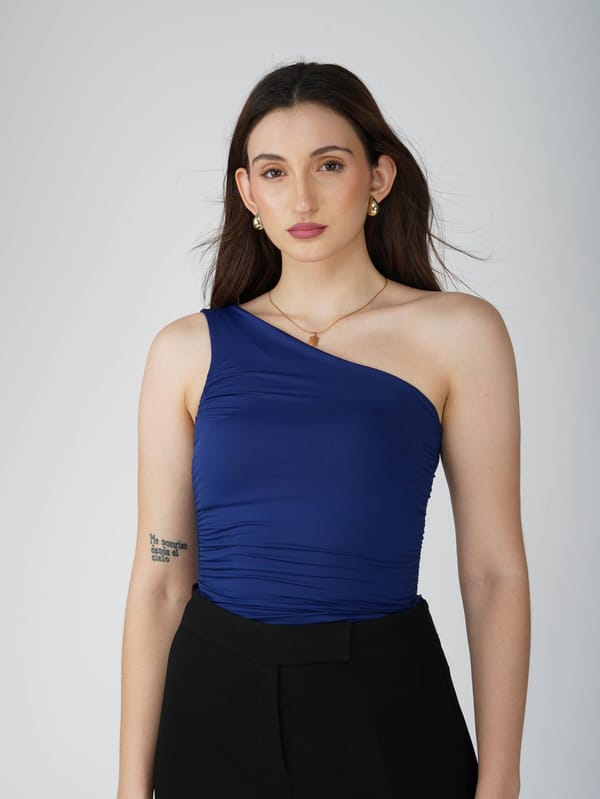 Blue One Shoulder Bodysuit-Halo Bodysuit (Navy) — Select Staples
