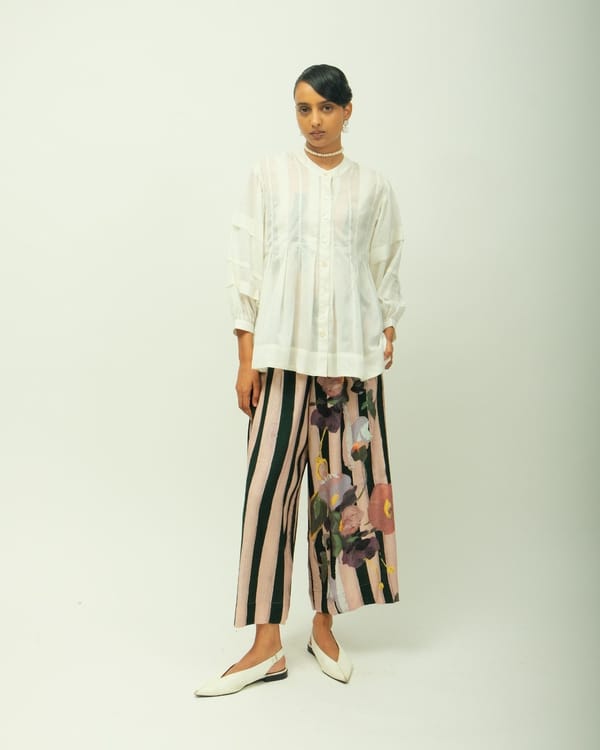 White Pleated Shirt and Printed Wide-Leg Co-ord Set — Ofrida