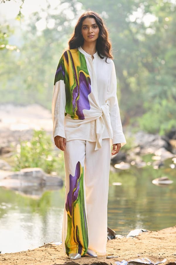 Multicolor Abstract Print Side-Tie Linen-Blend Shirt — Dash and Dot