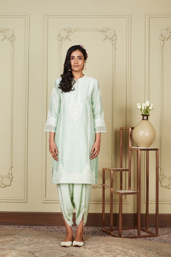 Frosty Green Chanderi Silk Embroidered Kurta Dhoti Set — Sheetal Batra