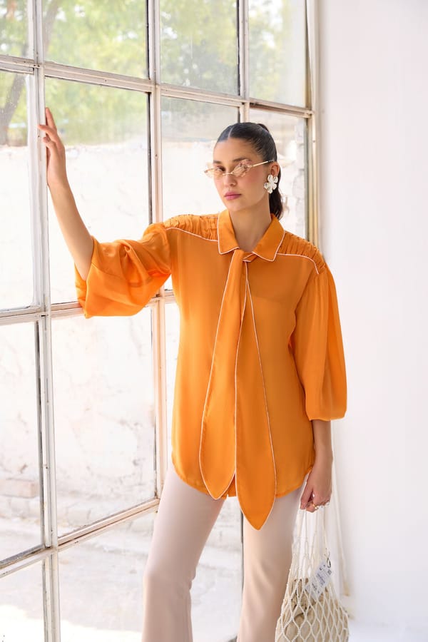 Sunset Orange Satin Tie-Neck Shirt with Balloon Sleeves — Our Love