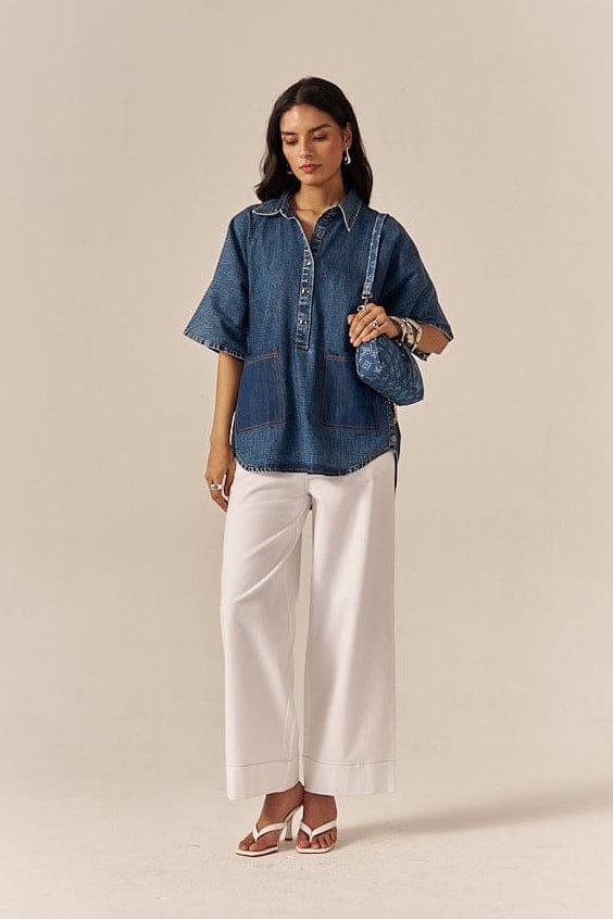 White/Blue Denim Shirt and Flared Pants Co-ord Set — Spacelines