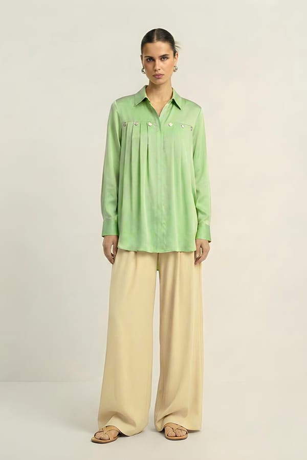 Ash Green Pleated Button-Down Shirt — Neora