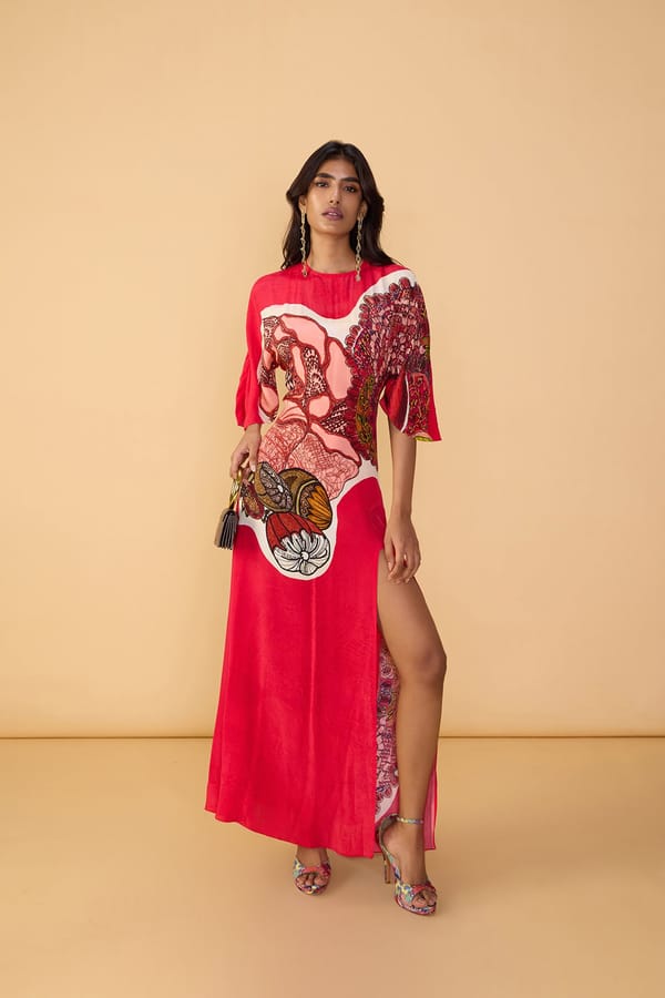 Raspberry Red Abstract Print Kaftan Maxi Dress with Slit — Saaksha and Kinni