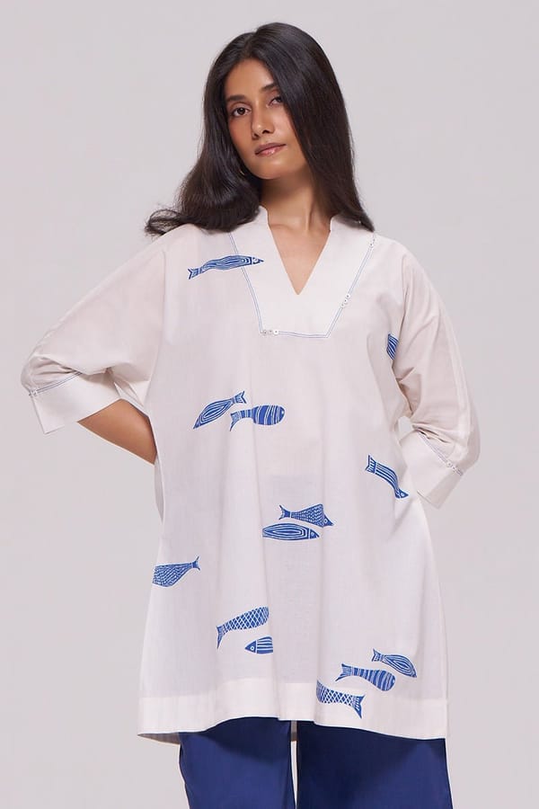 Off White and Blue Cambric Cotton Printed Kurta — Ganga Fashions Pvt Ltd