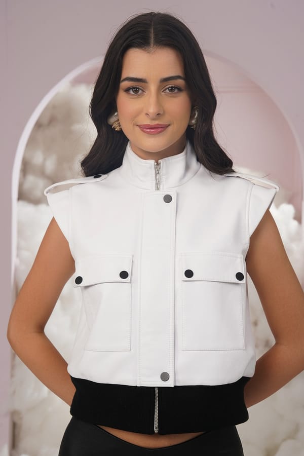 White Faux Leather Cropped Sleeveless Zip-Up Jacket — Chöjé