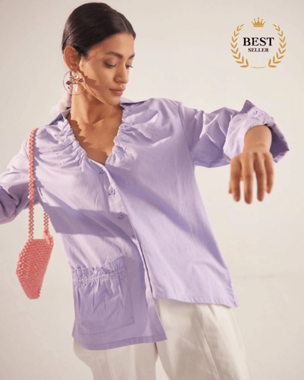 Lavender Cotton Satin Ruched V-Neck High-Low Shirt — WESTERNERA