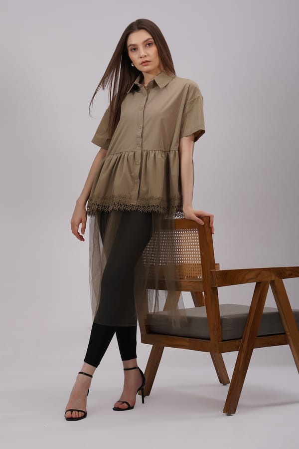 Beige Collared Button-Front Tiered Midi Dress — THE LUXURY DRESSING