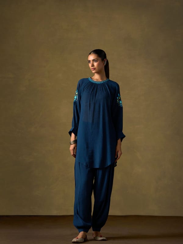Indigo Embroidered Co-ord Set with Dhoti Pants — Truly SMA
