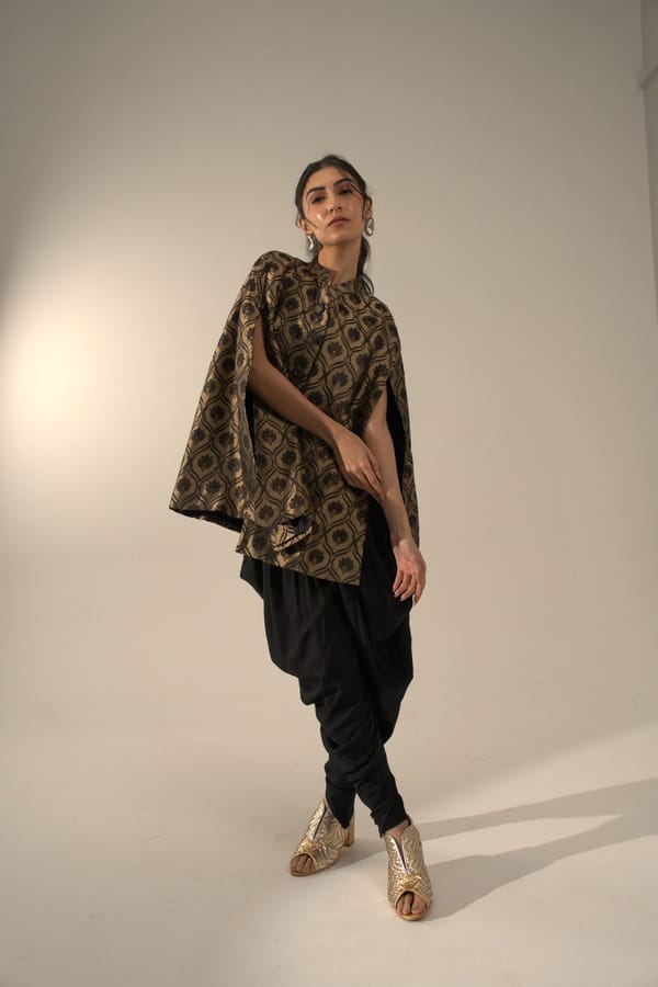 Black and Gold Metallic Brocade Cape Jacket — Cloth Haus