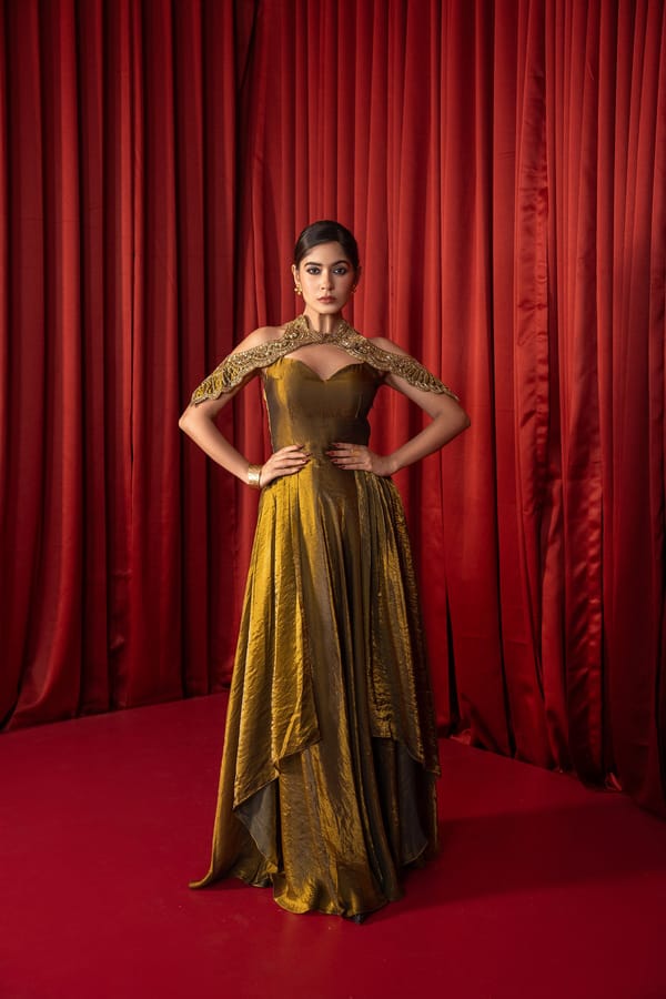 Mustard Gold Shimmer Tissue Maxi Gown with Cape Neckline — QUNIC