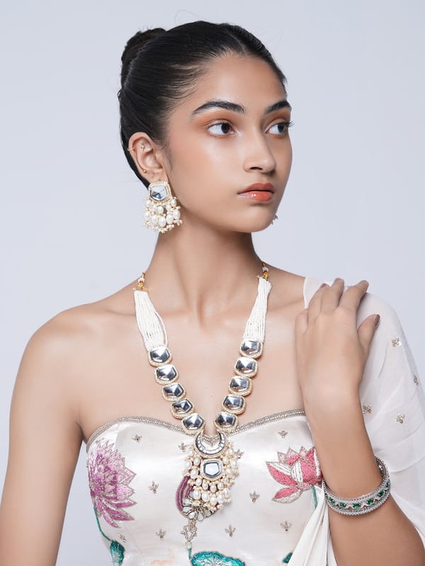 Long White Kundan Necklace Set — Cao Jewellery