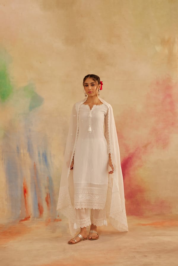 Ivory White Organza Embroidered Straight Suit Set — NARAYANI VASTRA