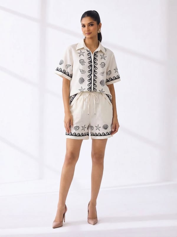 White Nautical Print Shirt and Shorts Co-ord Set — ASPRIN FASHION