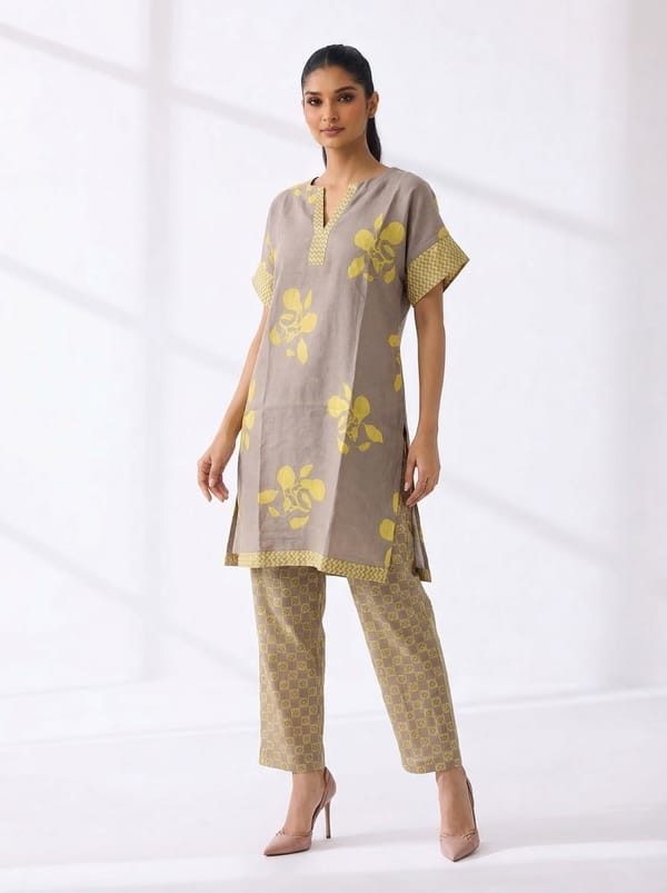 Taupe Floral Printed Linen Kurta and Pant Set — YELL