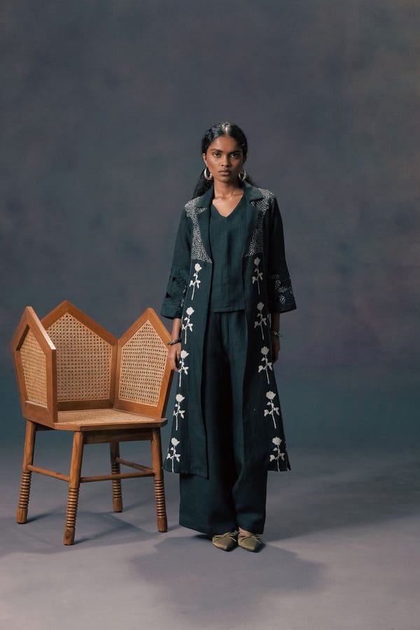 Print Jacket With Top And Flared Pants In Linen — Arcvsh Pallavi Singh