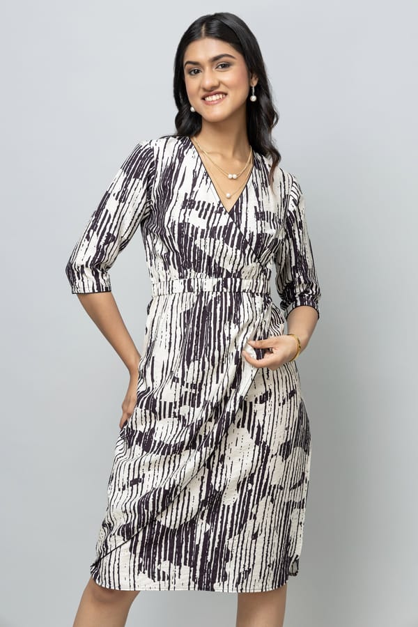Black and White Abstract Print Wrap Midi Dress — Rhe-Ana