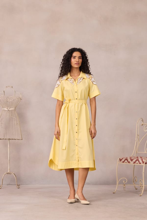 Lemon Sorbet Belted Midi Shirt Dress with Sheer Yoke — 63East