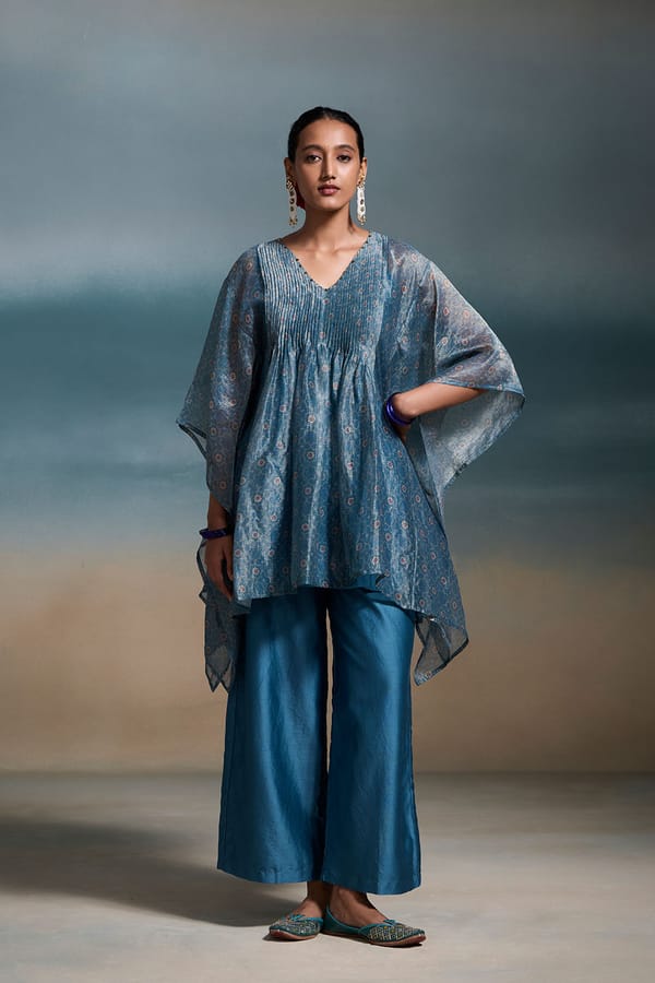 Teal Printed Chanderi Silk Kaftan Kurta Set with Pants — Dressfolk