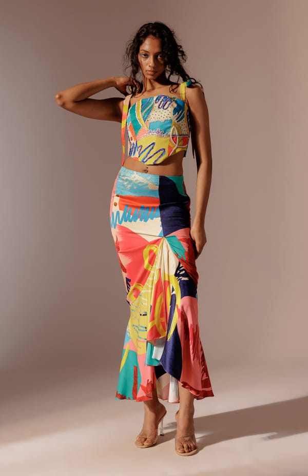 Multicolor Printed Embroidered Corset Top with Tie Straps — ADVAIT