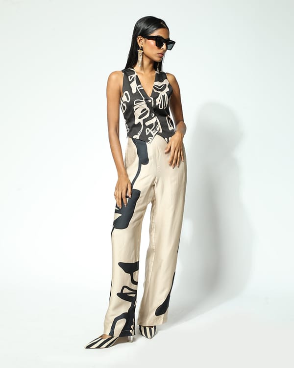 Black and Beige Abstract Print Button-Front Waistcoat — Missy Co.